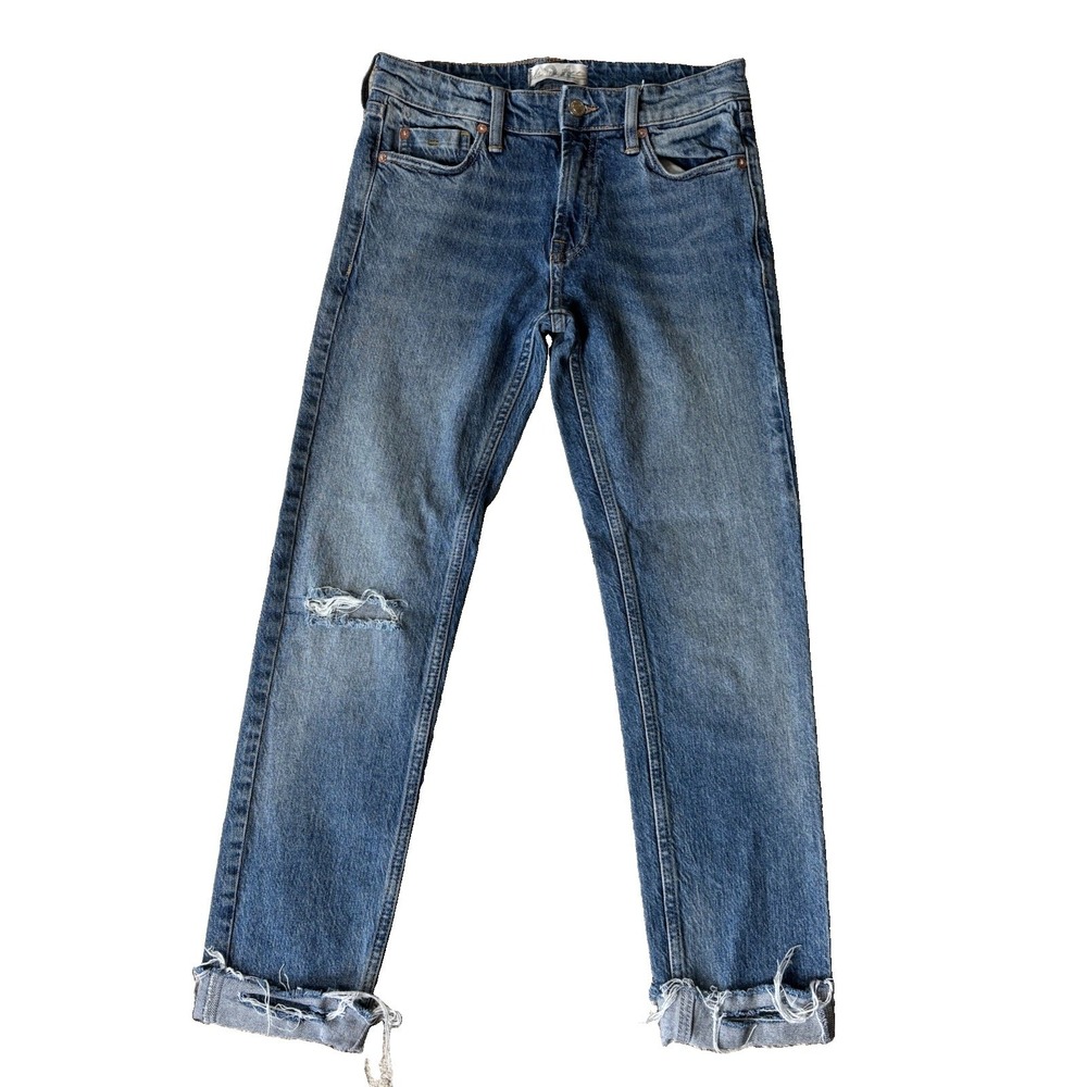 We The Free Free People Jeans Blue Distressed Raw Hem Straight Leg Jeans Size 24